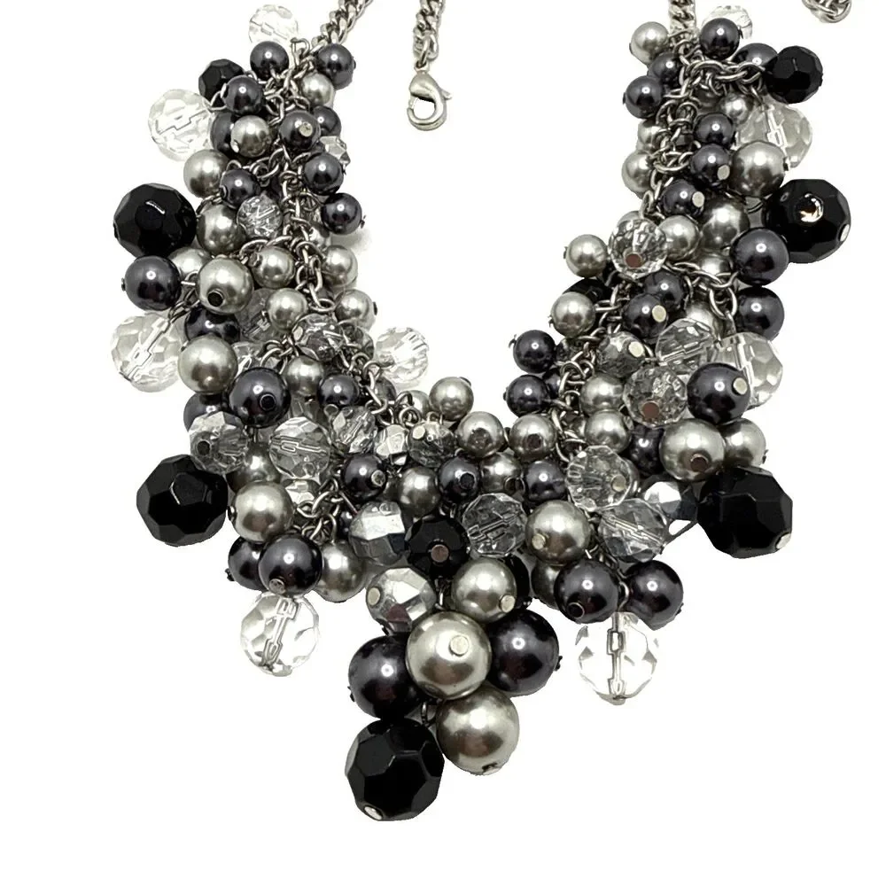 Cha-Cha Style Necklace Clear Gray Black Bead Cluster Statement Bib 16